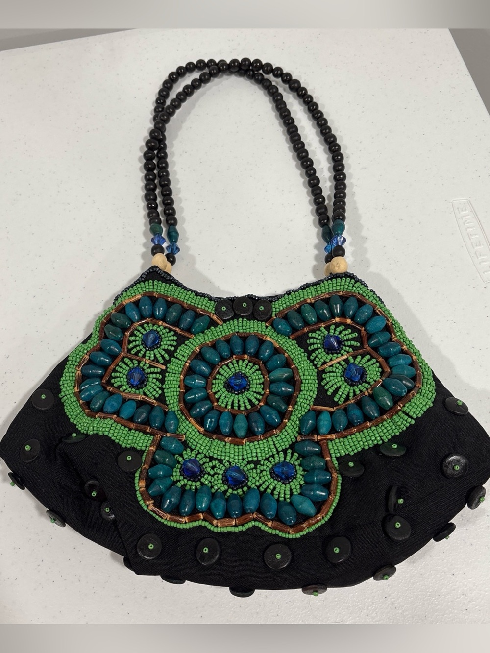 Beaded Embellished Black Handbag with Teal & Green Accents